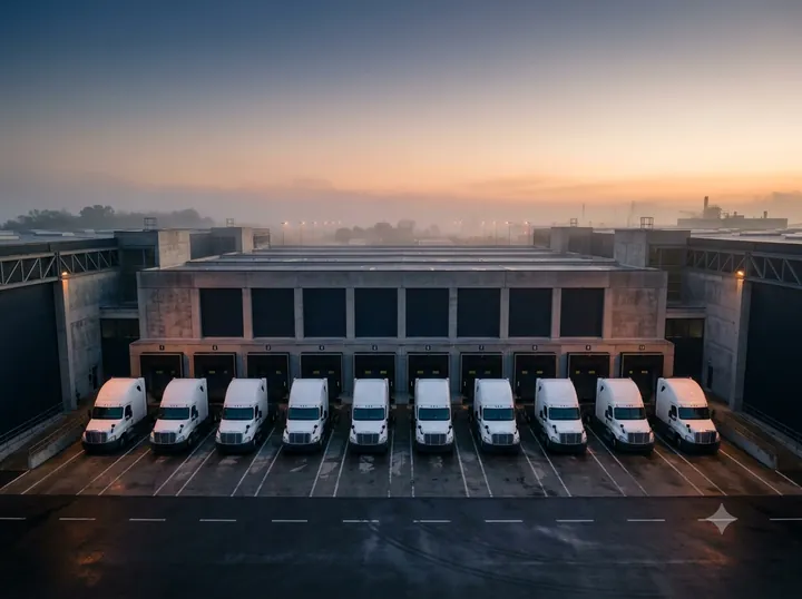 Trucks dispatched by Space Shipping lined up at the Jamesburg, New Jersey warehouse docks at dawn