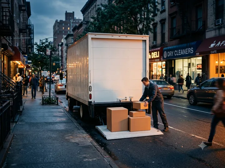 Space Shipping liftgate straight truck making an LTL delivery to a Manhattan storefront