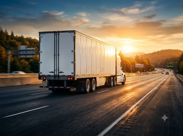 Space Shipping tractor pulling a 53-foot dry van on a New Jersey interstate at golden hour