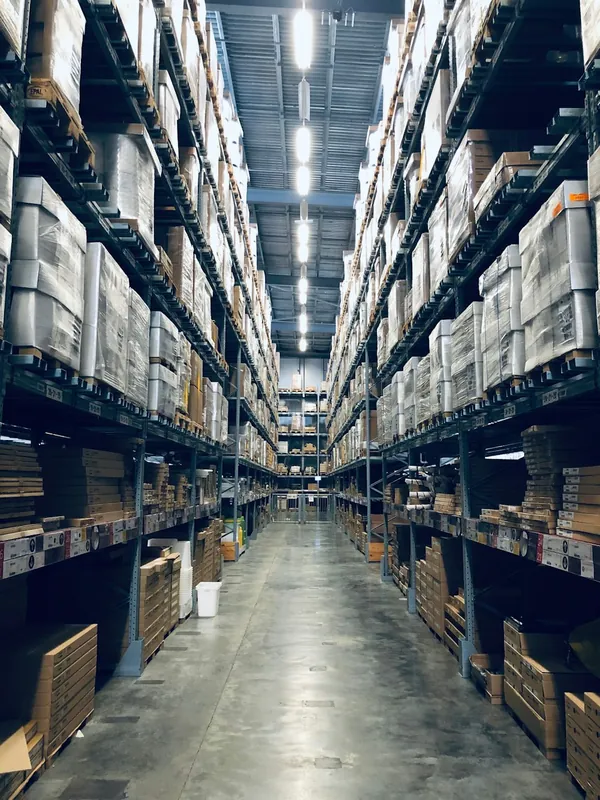 Racked warehouse aisle at the Space Shipping facility in Jamesburg, New Jersey
